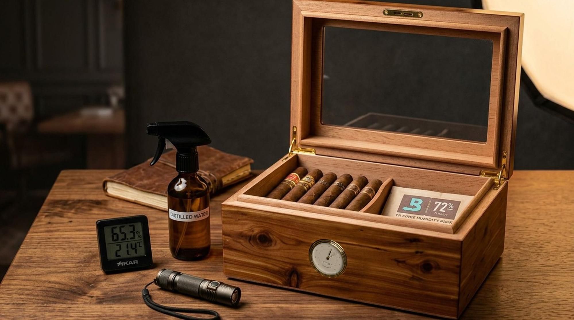 Open humidor with spray bottle and hygrometer